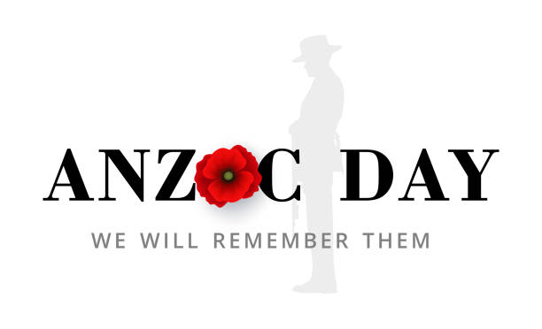 ilustraciones, imágenes clip art, dibujos animados e iconos de stock de anzac day banner con silueta de soldado rindiendo tributo y flor de amapola, vector - war memorial holiday