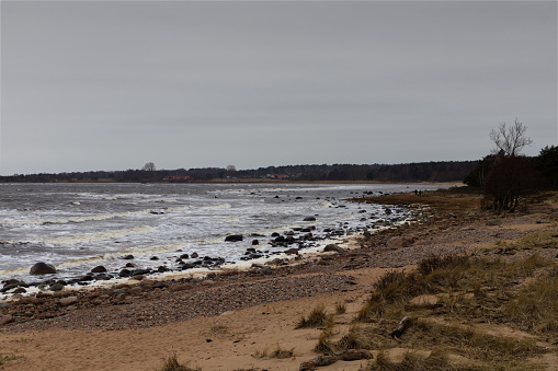 Stormy winter day along the beach in Halmstad, Sweden. Rocky coast. Sea with waves. Two unrecognizable people in the image. Overcast. Background image. Travel destination.