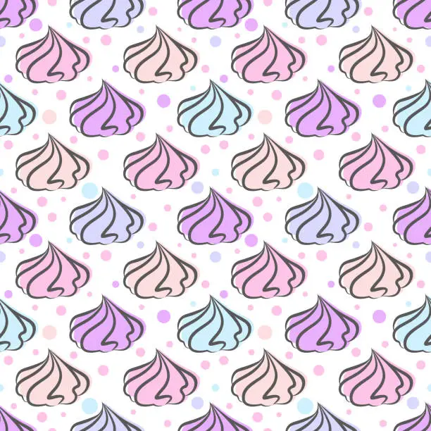 Vector illustration of Meringues cookies seamless pattern. Marshmallow and zephyr vector illustration. French sweet cream dessert