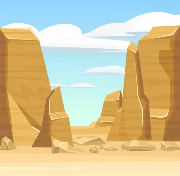 Vector illustration of Rocky cliffs. Sandy desert. Desert natural landscape with stones. Illustration in cartoon style flat design. Vector