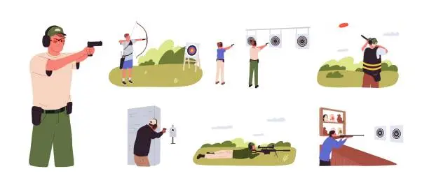 Vector illustration of Shooters with firearms at shooting ranges, galleries set. People with rifles, pistols, cannons in hands, training, aiming with handgun. Flat graphic vector illustrations isolated on white background