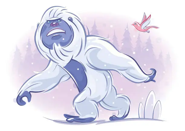 Vector illustration of Yeti walking with bird flying behind