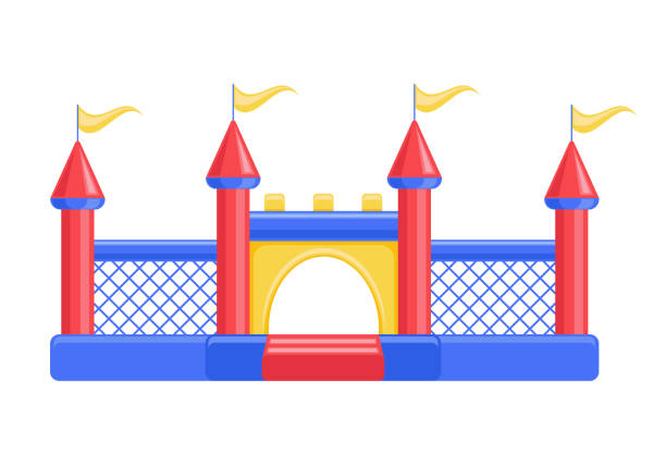 istock Bouncy inflatable castle. Tower and equipment for child playground. Vector line illustration 1371251426