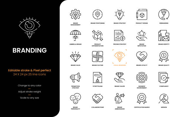 Branding Line Icons Editable Stroke Vector Style Line Icons of Branding brand strategy stock illustrations