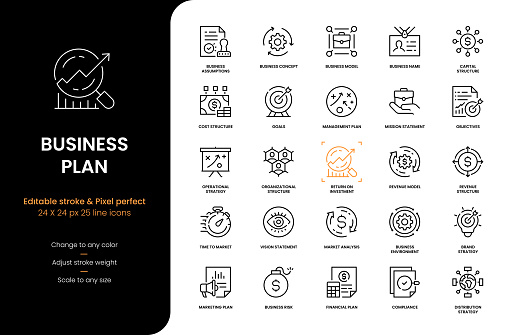 Editable Stroke Vector Style Line Icons of Business Plan