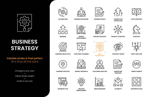 ilustraciones, imágenes clip art, dibujos animados e iconos de stock de iconos de línea de estrategia de negocio - investigación de mercados