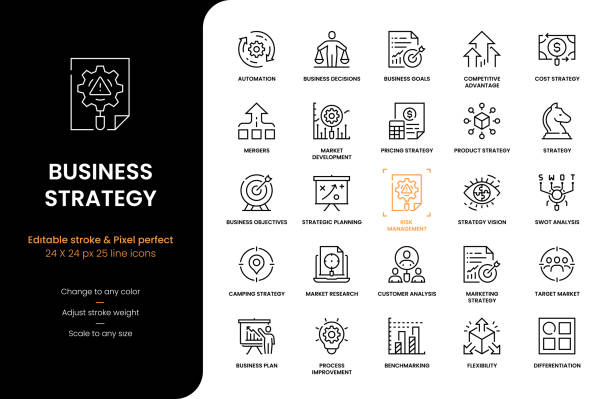 business strategy line icons - business stock illustrations