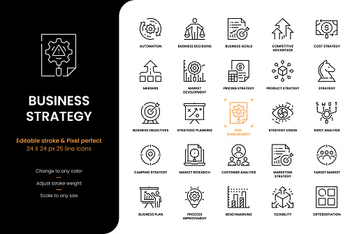 Editable Stroke Vector Style Line Icons of Business Strategy