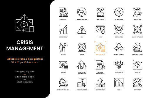 Editable Stroke Vector Style Line Icons of Employee Engagement such as Strategy, Income, Crisis, Risk Management, Goals, Market Expansion, Analysis, Efficiency, Competitive Analysis, Improvement and so on