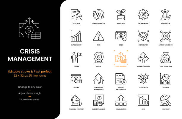 Crisis Management Line Icons Editable Stroke Vector Style Line Icons of Employee Engagement such as Strategy, Income, Crisis, Risk Management, Goals, Market Expansion, Analysis, Efficiency, Competitive Analysis, Improvement and so on stability stock illustrations