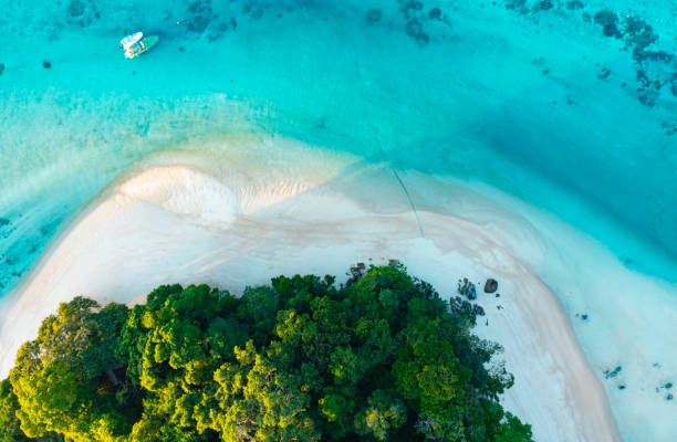 hermosa vista superior de la playa de arena de la laguna tropical con la orilla del mar como la isla en un arrecife de coral, mar azul y turquesa increíble paisaje natural - cayman islands fotografías e imágenes de stock