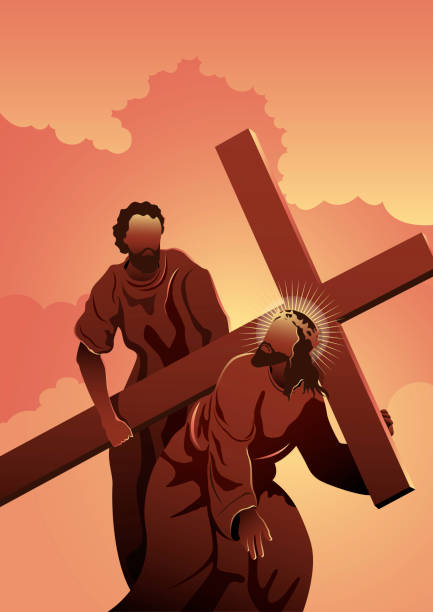 simon von kyrene hilft jesus, sein kreuz zu tragen - station of the cross stock-grafiken, -clipart, -cartoons und -symbole