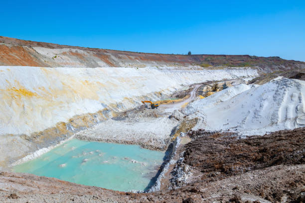 Quarry extraction porcelain clay(kaolin) and quartz sand in the open pit mine.