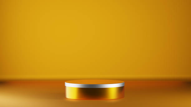 istock Podium round pedestal on a yellow gold background. Product presentations. 3D rendering 1371260485