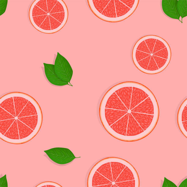 ilustraciones, imágenes clip art, dibujos animados e iconos de stock de patrón sin costuras de rodajas de cítricos de pomelo aisladas sobre fondo de rosa - portion apple food pattern