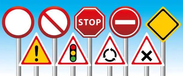 Vector illustration of Road signs. Highway code, driver's license, driving. Vector illustration.