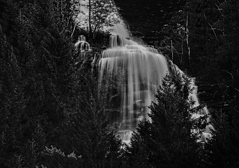 Spectacular waterfall in black and white. Long exposure image.