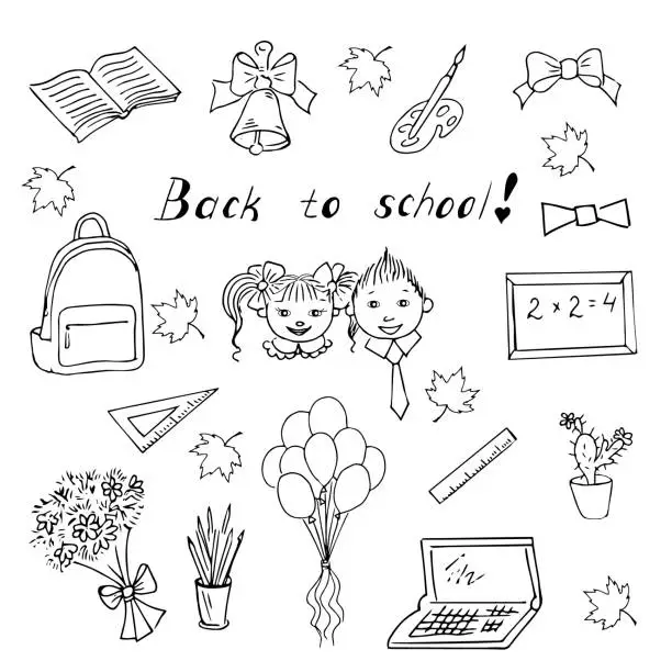 Vector illustration of The school is a set of doodles consisting of 16 elements.Notebook, bell, bows, briefcase, pencils, children, rulers, blackboard, bouquet, balloons, laptop, cactus.Vector illustrations.