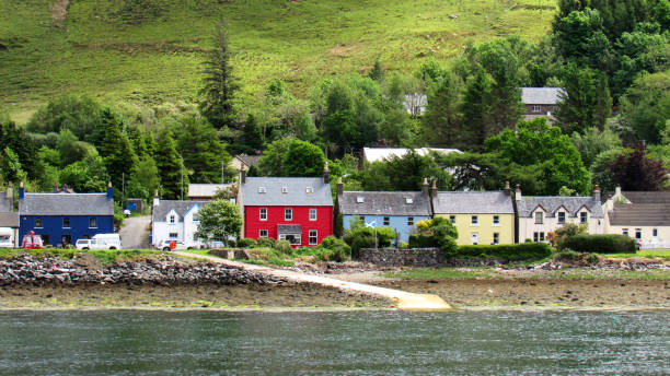 view of a village in the loch duich, scotland, united kingdom - dornie imagens e fotografias de stock