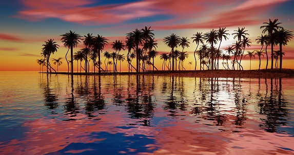 The sea and palm trees against the backdrop of a tropical sunset 3d-rendering. High quality 3d illustration