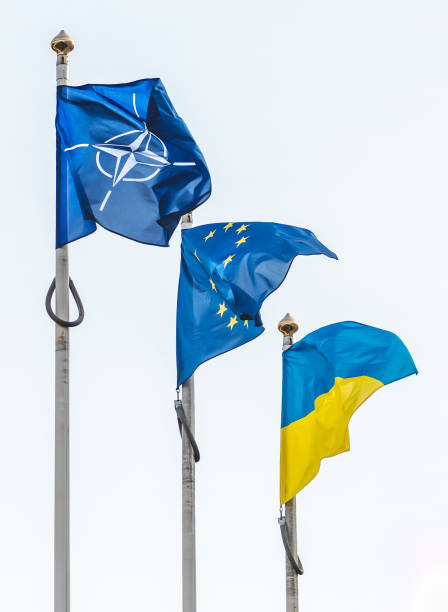 Flag of NATO, European Union and Ukraine Vilnius, Lithuania - February 16 2022: Flag of NATO, European Union and Ukraine waving together in the sky, vertical nato stock pictures, royalty-free photos & images