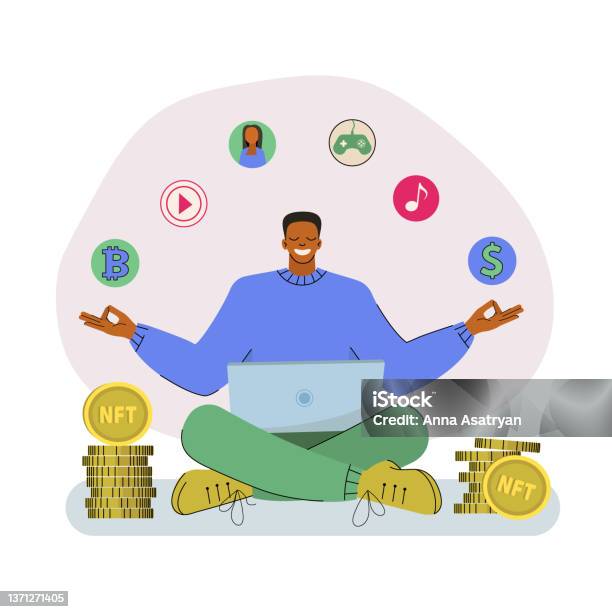 Male Nft Artist Behind Laptop Sells Artwork Online For Ethereum Bitcoin Vector Illustration In A Flat Style Stock Illustration - Download Image Now