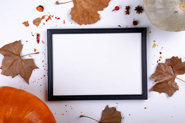 istock Composition of halloween decoration with leaves and frame with copy space on white background 1371271900