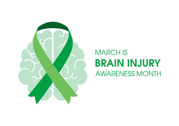 March is Brain Injury Awareness Month vector Human brain with green ribbon icon vector isolated on a white background brain damage stock illustrations