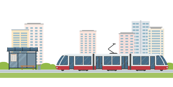 Modern tram, tram station and city buildings isolated on white background. Concept of public transport. Flat style. Vector illustration.
