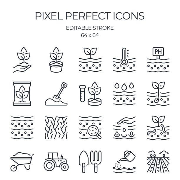 soil and gardening related editable stroke outline icons set isolated on white background flat vector illustration. pixel perfect. 64 x 64. - 旱災 幅插畫檔、美工圖案、卡通及圖標