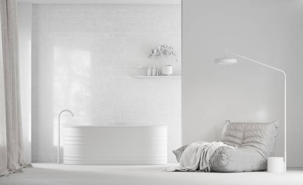 istock 3d rendering of a white bathroom without textures, with a wall and a large bathtub 1371277068