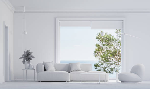 istock Large living room generated in 3d with large window overlooking the sea 1371277092