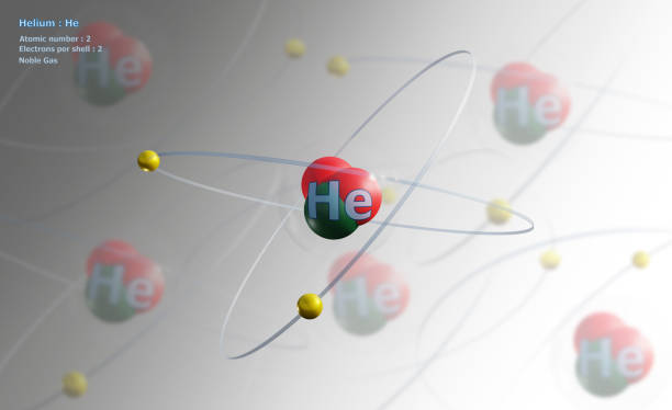 Atom of Helium with detailed Core and 2 Electrons on White with Atoms in background