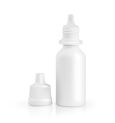 Open plastic container eye drop. Medical equipment. With clipping path