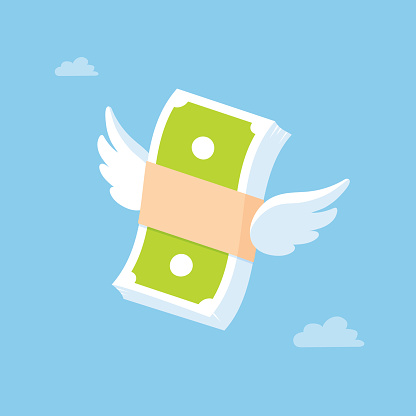 Flying money stack, dollar bills with wings vector flat illustration