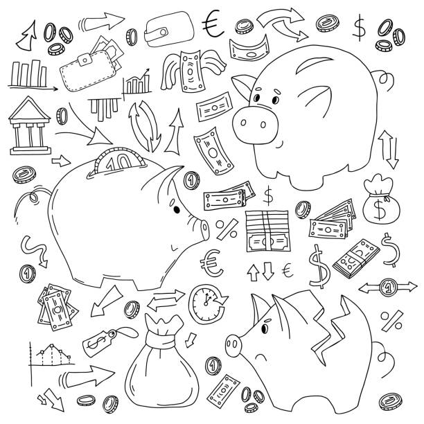 ilustrações de stock, clip art, desenhos animados e ícones de big set of freehand drawing of business and finance elements. pig piggy bank, money and coins, bank and income charts in style of linear doodles. vector illustration. isolated elements for design - arrow sign arrow sketch drawing