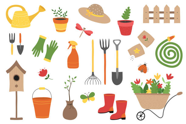 ilustrações, clipart, desenhos animados e ícones de um conjunto de ferramentas de jardinagem e equipamentos em um estilo bonito desenhado à mão. ferramentas de jardim, lata de rega, casa de pássaros, vasos de flores, luvas, botas de borracha, balde, mangueira - seed packet