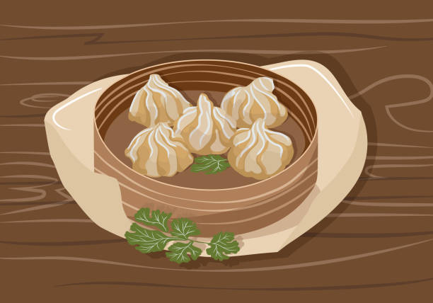 ilustrações de stock, clip art, desenhos animados e ícones de wontons in a beech plate on a wooden table. traditional chinese food. vector illustration - asia cooked food gourmet