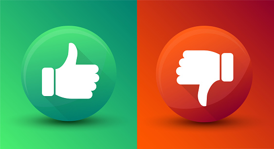 Thumb up and down 3d circle. Vector button on green and red background