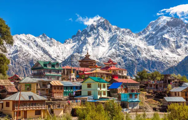 Photo of Himalayan village town of Kalpa with Kailash mountain snow peaks at Himachal Pradesh India.