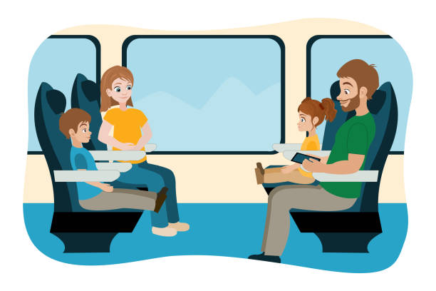 ilustraciones, imágenes clip art, dibujos animados e iconos de stock de viajar en tren - familia (padres con hijos) - bus family travel destinations women