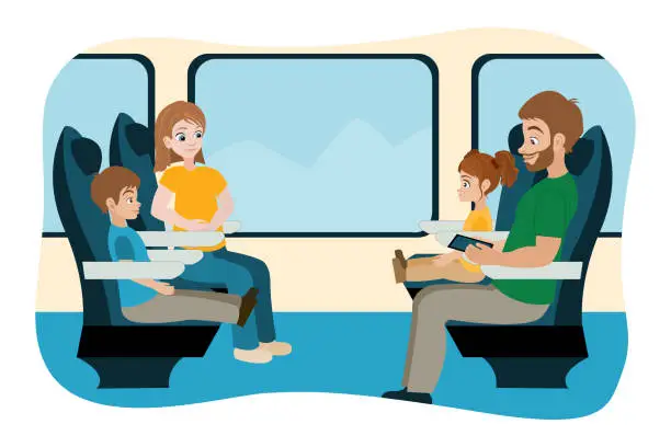 Vector illustration of Traveling by train - Family ( parents with children)