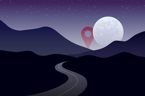Impossible goal or destination, illustrated by putting map pin behind moon and stars, indicating it is farther than moon and stars and can't be reached by road