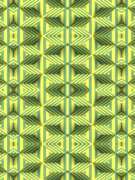 Kaleidoscopic pattern of rectangles covered with green and yellow striped texture. Geometric background in abstract style. 3d rendering modern composition. Digital illustration