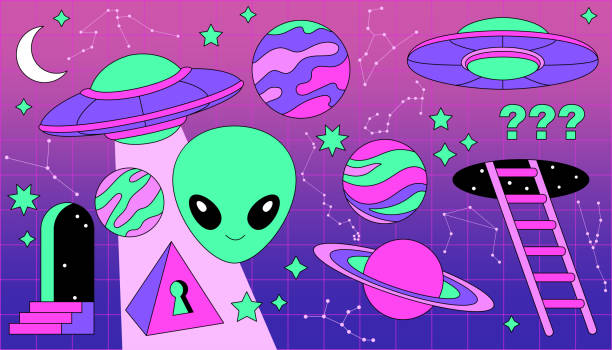 ilustrações de stock, clip art, desenhos animados e ícones de vector set of space elements. ufo, alien, space ship, planets, stars, constellations, cosmos. comic cartoon illustrations, neon colors, gradient checkered background. - alien