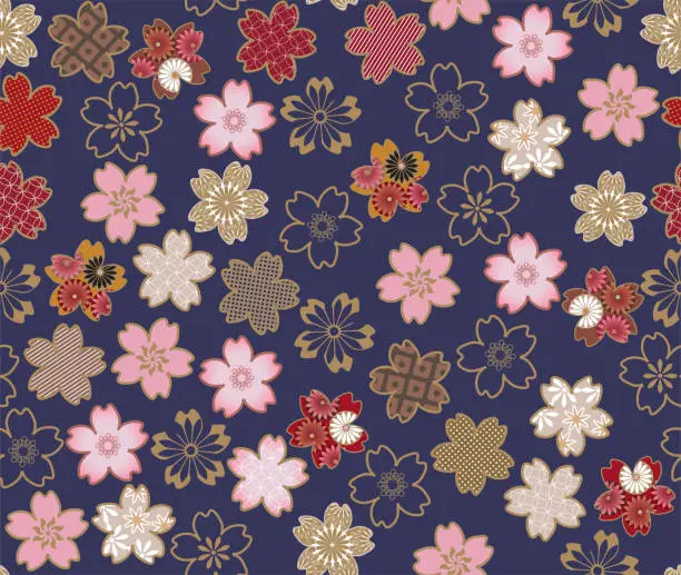 Vector illustration of Sakura flower blossom, Japanese traditional textile pattern seamless blue background design.