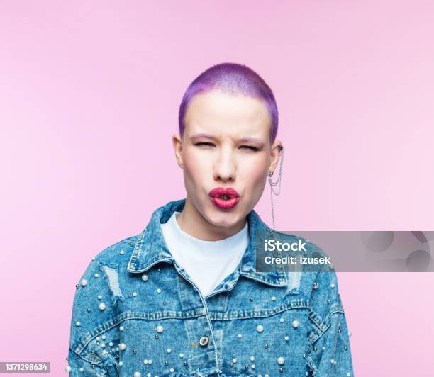 Thoughtful Young Woman With Short Purple Hair Stock Photo - Download Image Now - 20-29 Years, Adult, Adults Only