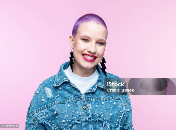 Young Woman With Short Purple Hair Stock Photo - Download Image Now - Purple Hair, Laughing, 20-29 Years