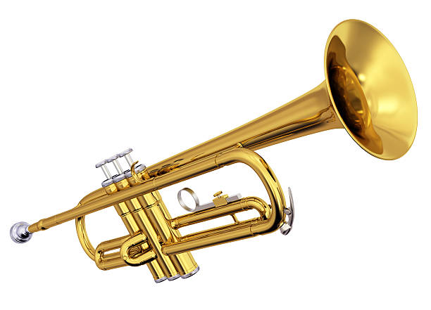 真鍮トランペットに白背景 - jazz music trumpet valve ストックフォトと画像