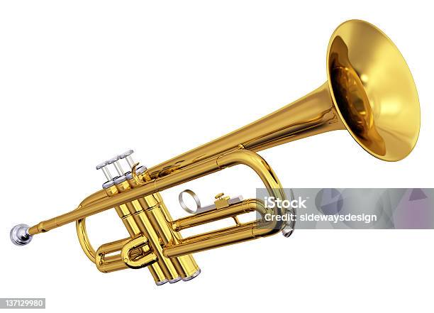 Trompete Bronze Em Fundo Branco - Fotografias de stock e mais imagens de Trompete - Trompete, Fundo Branco, Instrumento Musical